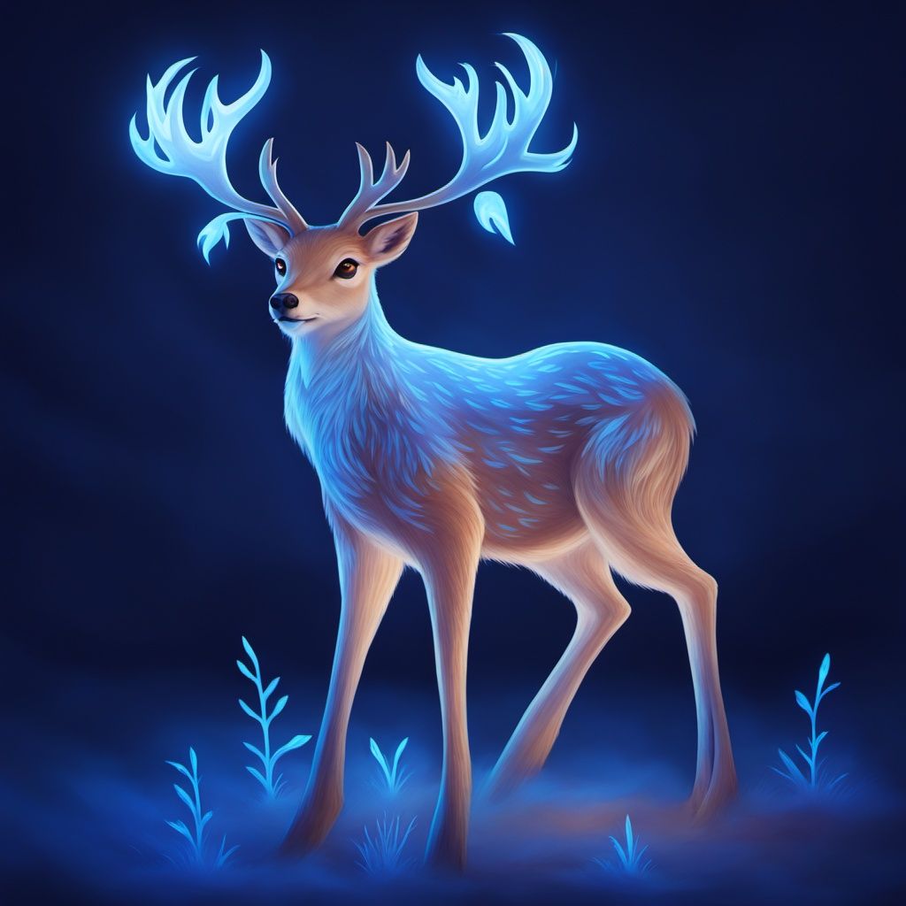 <lora:bailu:0.9>,LU,no humans,antlers,blue theme,glowing,full body,deer,animal,