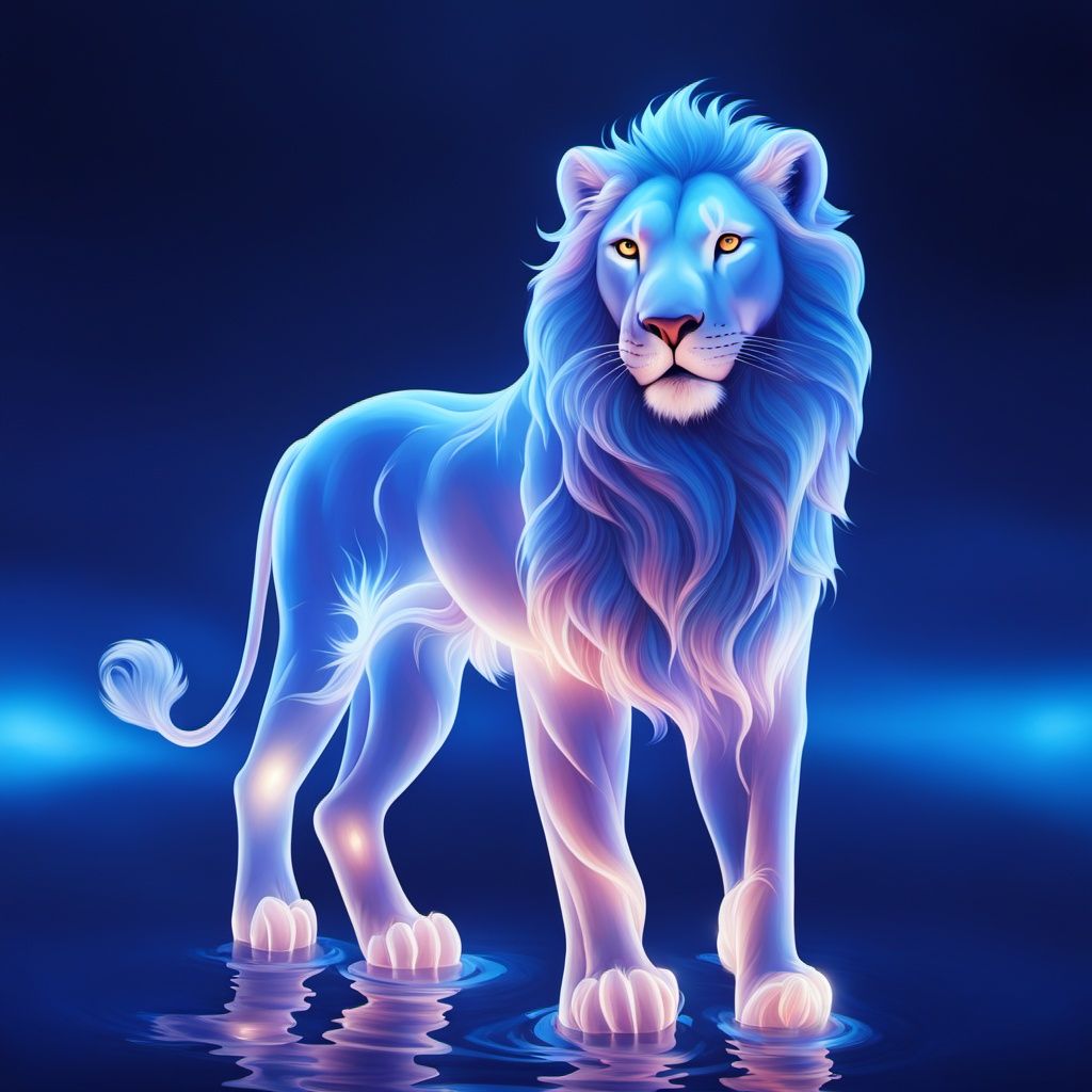 <lora:bailu:0.9>,LU,blue theme,glowing,full body,transparent luminous body,water,lion,