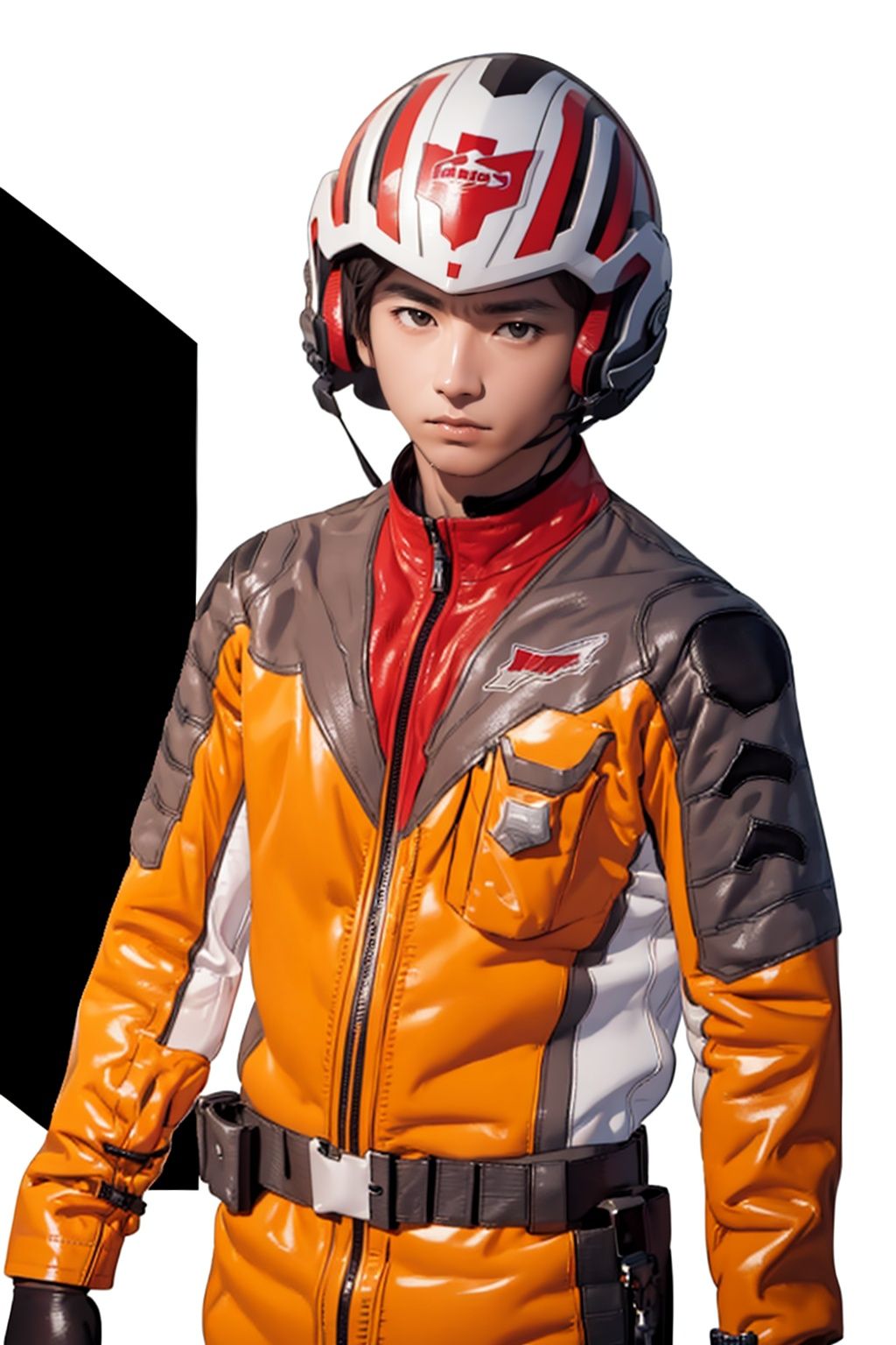 (masterpiece:1.3), (the best quality:1.2), (super fine illustrations:1.2), (Masterpiece), high quality, high detail,((white background:1.2)), looking at viewer, (SOLO:1.4),outline,,simple background,belt, orange jacket, helmet, jacket, military uniform, uniform, volleyball uniform,