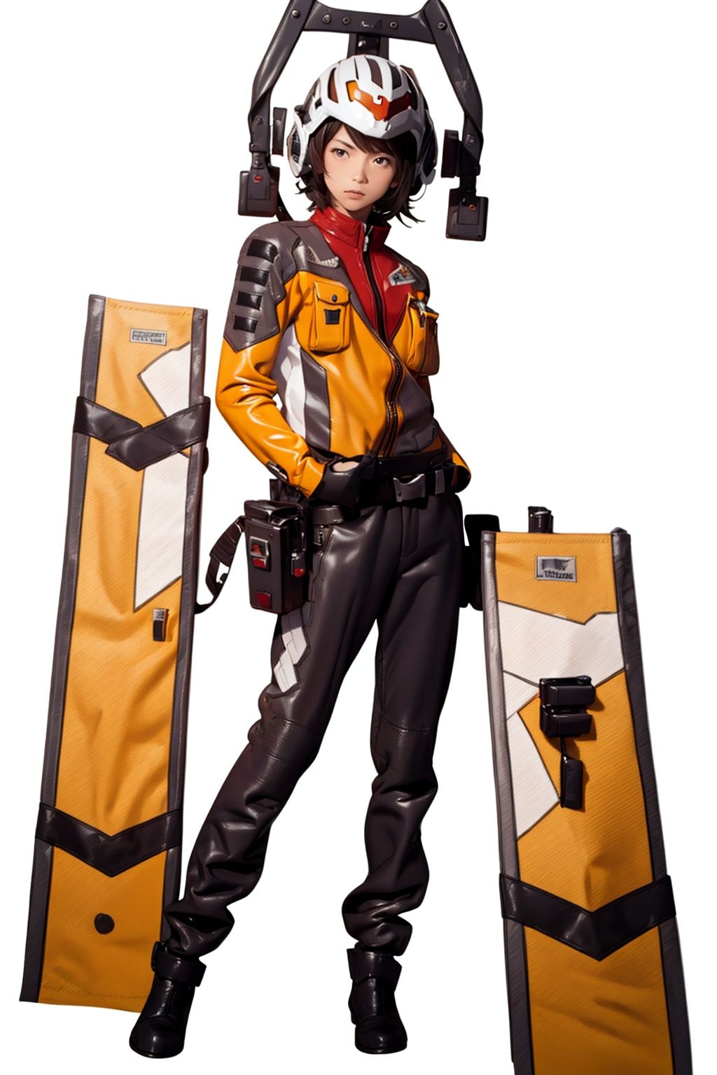 (masterpiece:1.3), (the best quality:1.2), (super fine illustrations:1.2), (Masterpiece), high quality, high detail,((white background:1.2)), looking at viewer, (SOLO:1.4),outline,,simple background,belt, orange jacket, helmet, jacket, military uniform, uniform, 