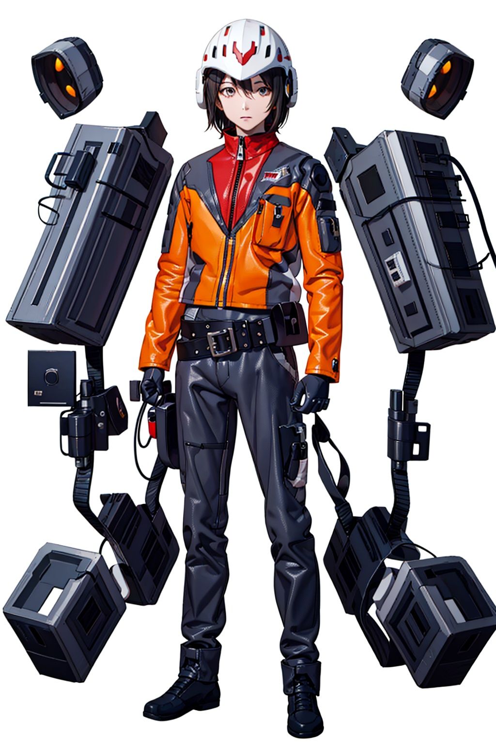 (masterpiece:1.3), (the best quality:1.2), (super fine illustrations:1.2), (Masterpiece), high quality, high detail,((white background:1.2)), looking at viewer, (SOLO:1.4),outline,,simple background,belt, orange jacket, helmet, jacket, military uniform, uniform,