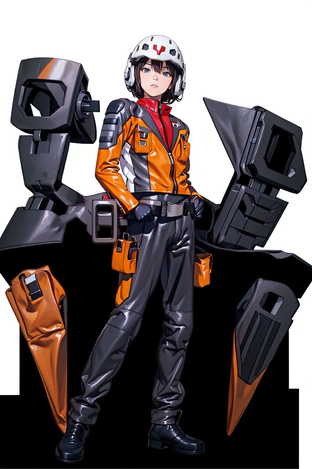 (masterpiece:1.3), (the best quality:1.2), (super fine illustrations:1.2), (Masterpiece), high quality, high detail,((white background:1.2)), looking at viewer, (SOLO:1.4),outline,,simple background,belt, orange jacket, helmet, jacket, military uniform, uniform, 