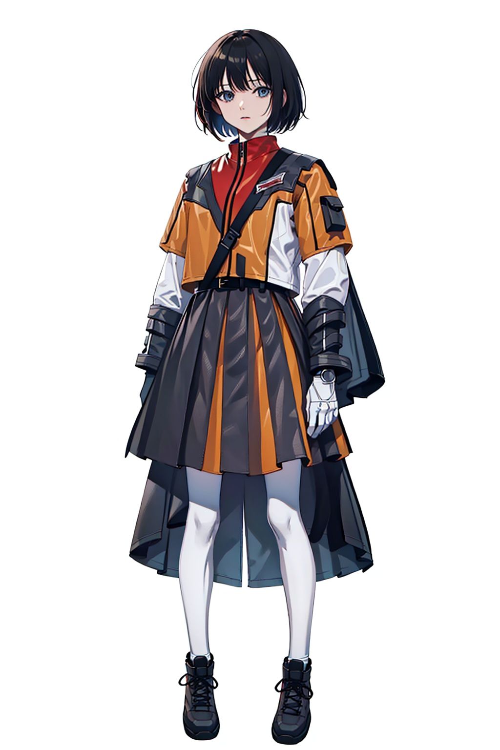 (masterpiece:1.3), (the best quality:1.2), (super fine illustrations:1.2), (Masterpiece), high quality, high detail,((white background:1.2)), looking at viewer, (SOLO:1.4),outline,,simple background,belt, black footwear, boots, jacket, black legwear,SHORT skirt,solo