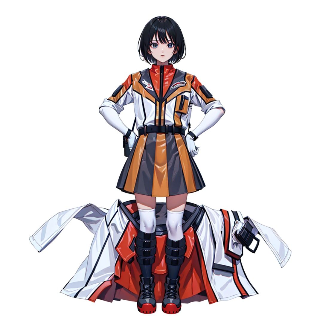 (masterpiece:1.3), (the best quality:1.2), (super fine illustrations:1.2), (Masterpiece), high quality, high detail,((white background:1.2)), looking at viewer, (SOLO:1.4),outline,,simple background,belt, black footwear, boots, jacket, black legwear,SHORT skirt,solo