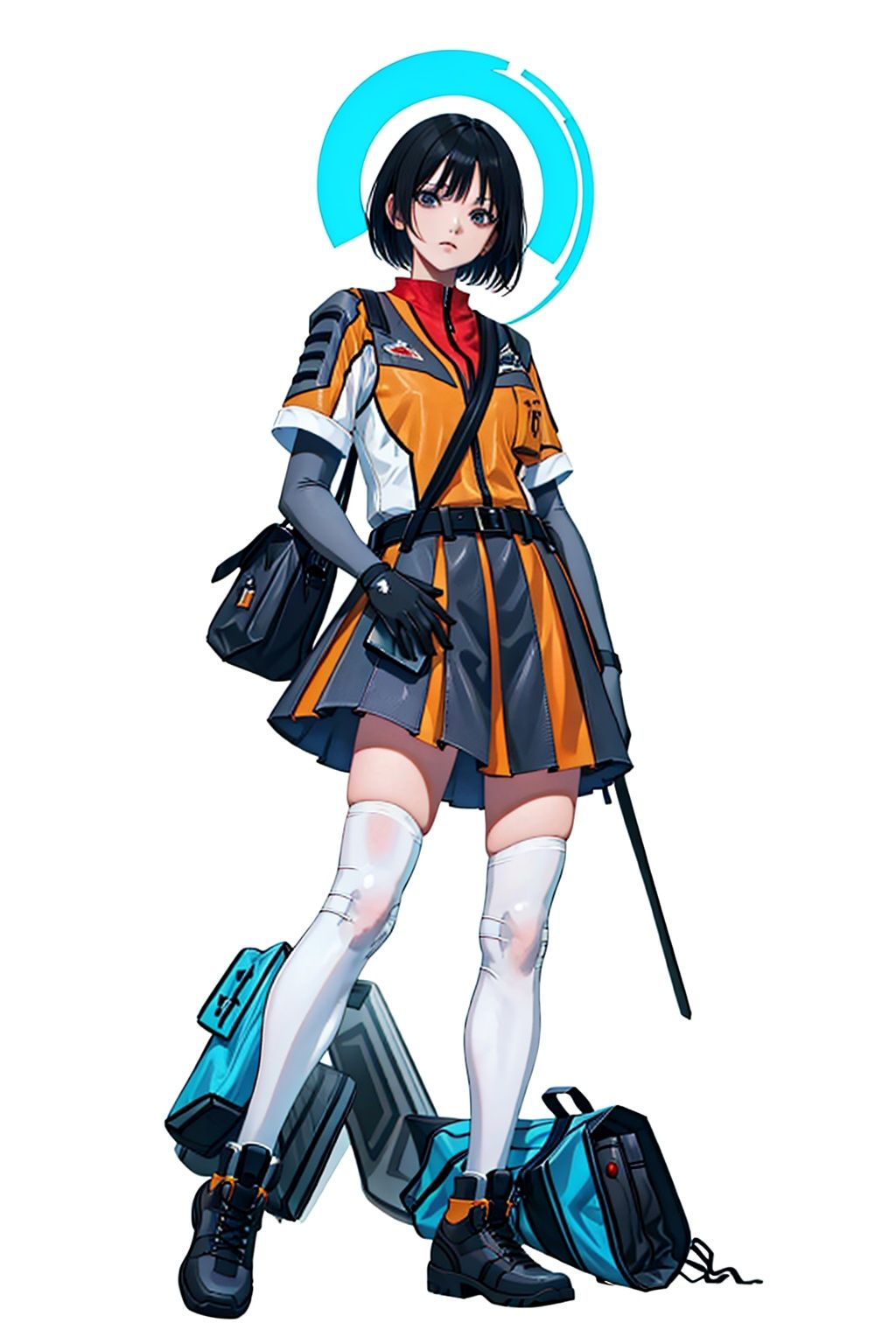 (masterpiece:1.3), (the best quality:1.2), (super fine illustrations:1.2), (Masterpiece), high quality, high detail,((white background:1.2)), looking at viewer, (SOLO:1.4),outline,,simple background,belt, black footwear, boots, jacket, black legwear,SHORT skirt,solo