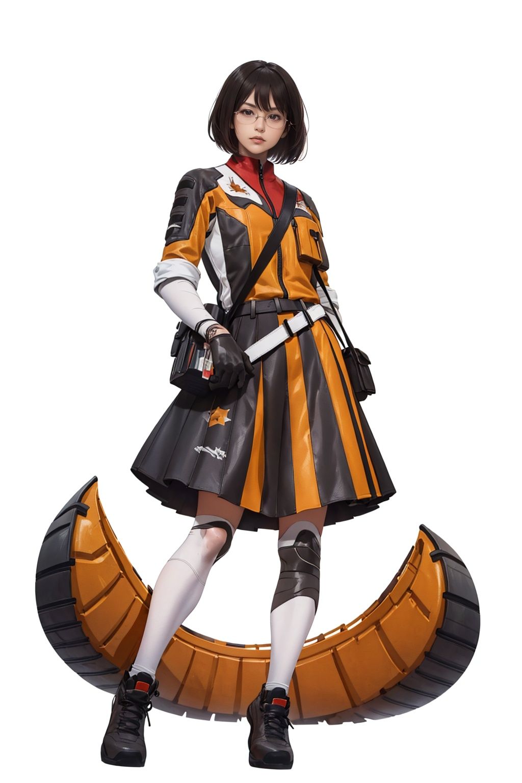 (masterpiece:1.3), (the best quality:1.2), (super fine illustrations:1.2), (Masterpiece), high quality, high detail,((white background:1.2)), looking at viewer, (SOLO:1.4),outline,,simple background,belt, black footwear, boots, jacket, black legwear,SHORT  skirt,solo