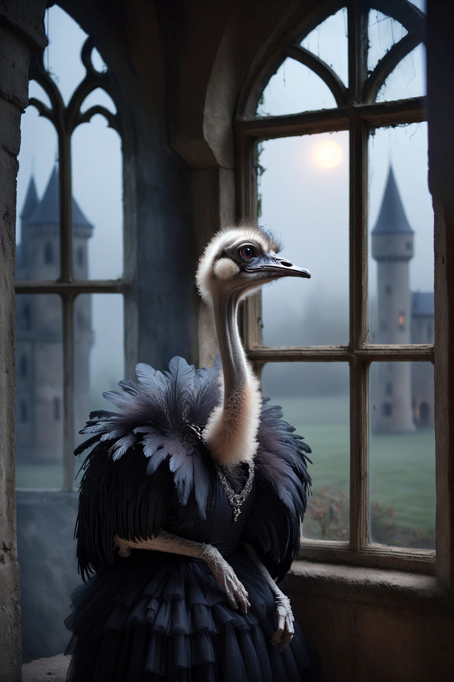gothic ostrich wearing frilled dress,  expressionless,  midnight on Tensor.Art