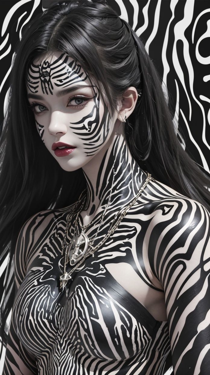 (zebra-print),zebra-print background,<lora:新斑马纹(9):0.5>,(sharp contrast:1.1),high contrast,(black and white background:1.1),black and white print clothes,(zebra-print tattoo on face:1.2),