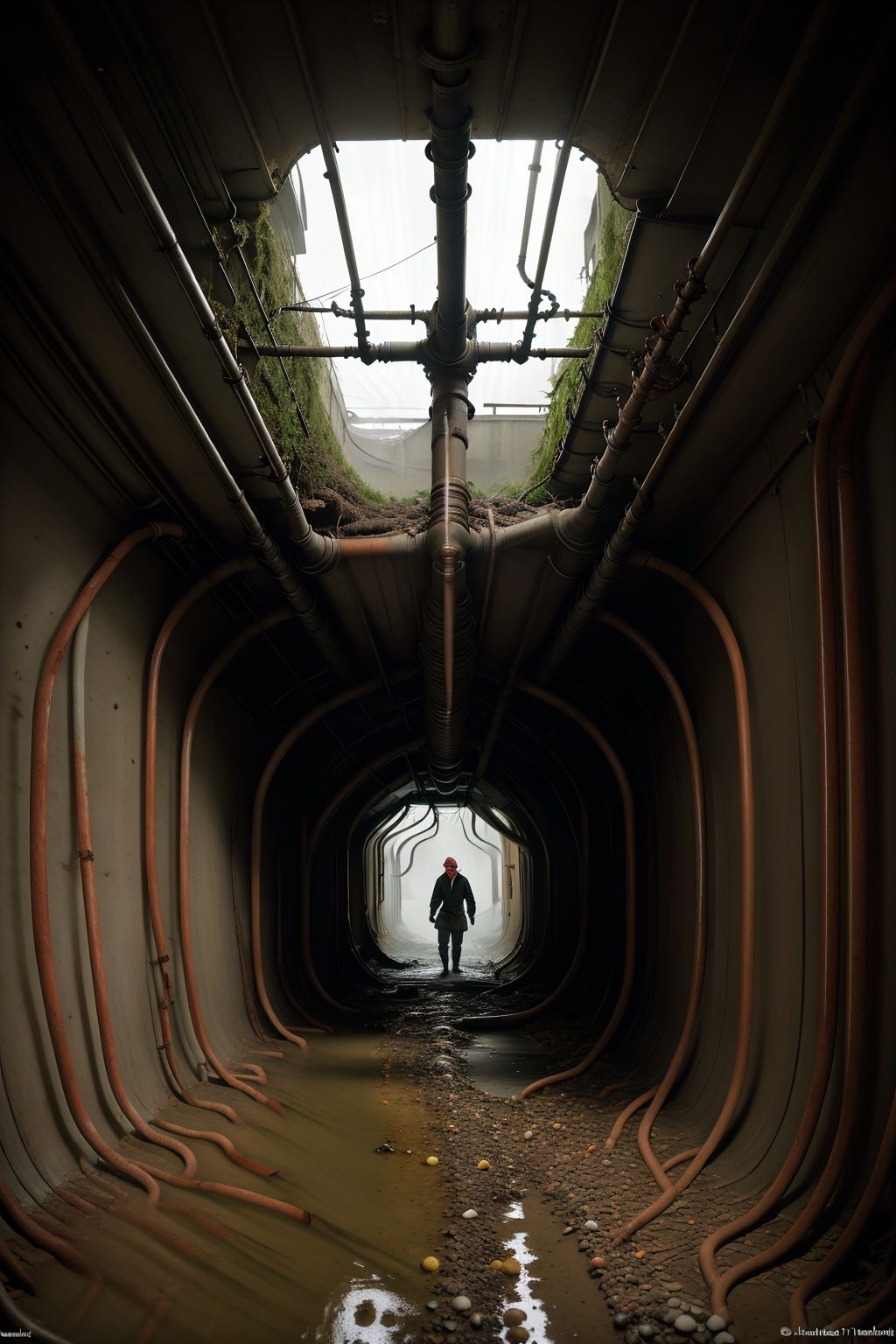 gloomy,(dark, dirty, terrifying),fog,(sewer),garbatge,(tunnel),(mossy walls:0.7),(dripping water),(filthy water),(foul odor),(spider webs),(broken pipes),(crumbling bricks:0.6),(slimy puddles),(echoing sounds),(rusty bars on windows),illustration,best quality,highly detailed,masterpiece,extremely detailed,conceptual art,,