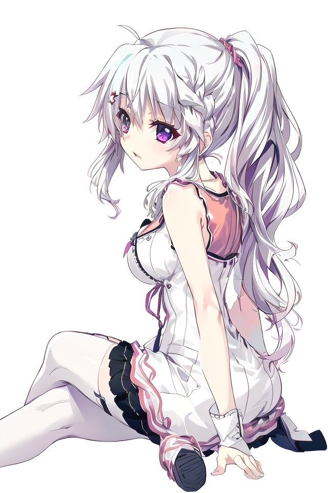 ((masterpiece)), (best quality), (highres), original, extremely detailed 8K wallpaper, illustration, (film grain), cinematic lighting, ((lineart)),((monochrome)), solo, 1girl, white hair,ponytail, glowing purple eyes, sleeveless dress, ahoge, necklace, thigh strap, pantyhose, (sexually suggestive), high heels, upper body, looking at viewer, closed mouth, thick outline, medium breast, cleavage dress, simple background, black background, from side, sitting