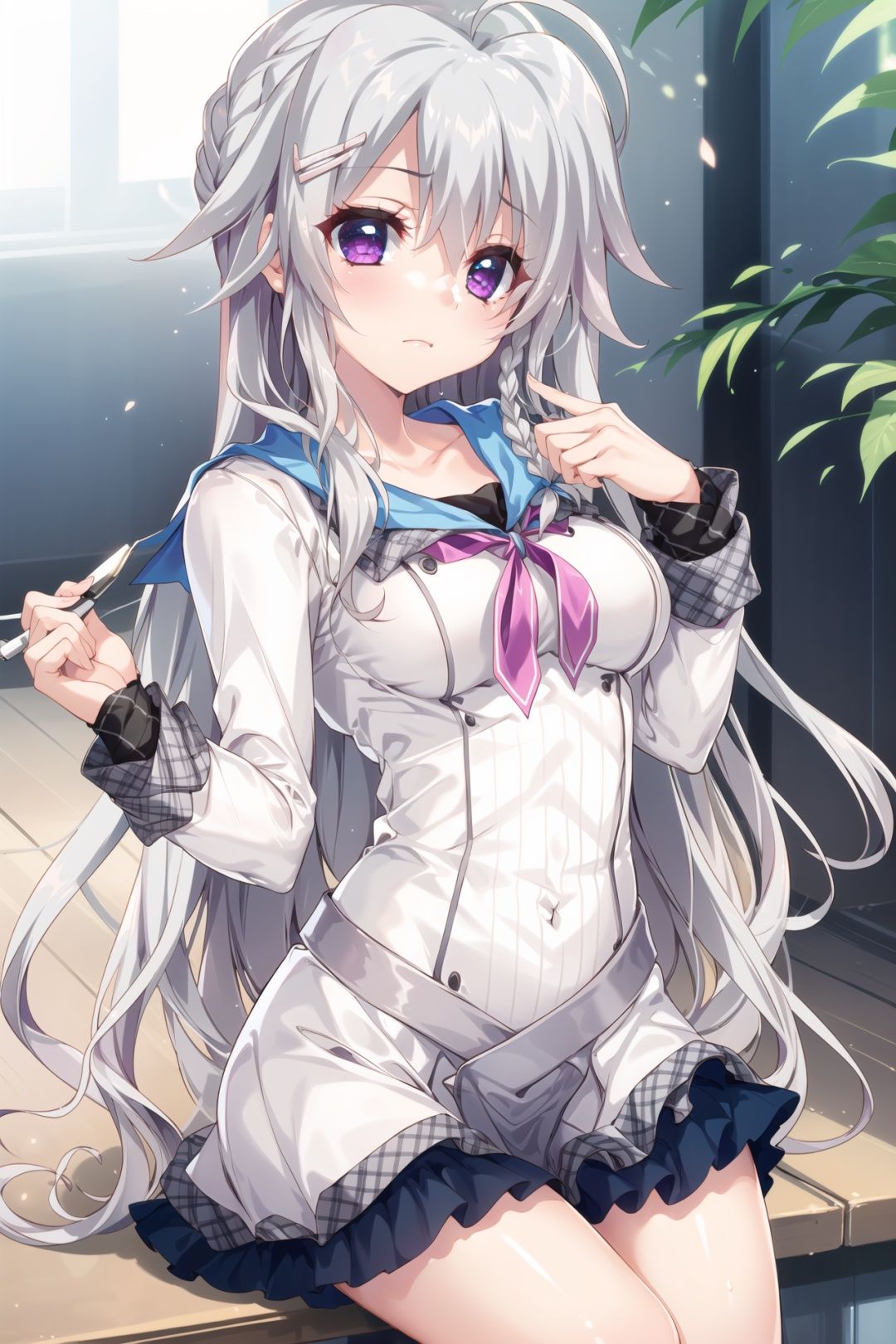 1girl, school uniform, white_hair, braid, ahoge