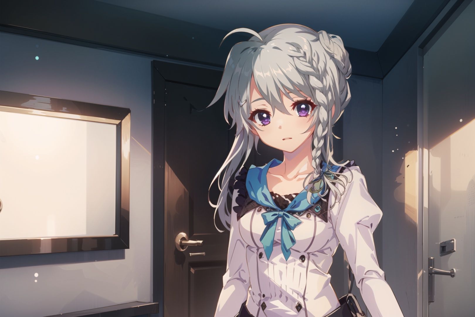 masterpiece, best quality, highly detailed, rococo,1girl, anime, beautiful detailed eyes, looking at viewer, standing,  braid,white and green highly decorate rococo dress, nimi_sora, purple eyes, beautiful_detailed_eyes, white_hair, braid, ahoge, 