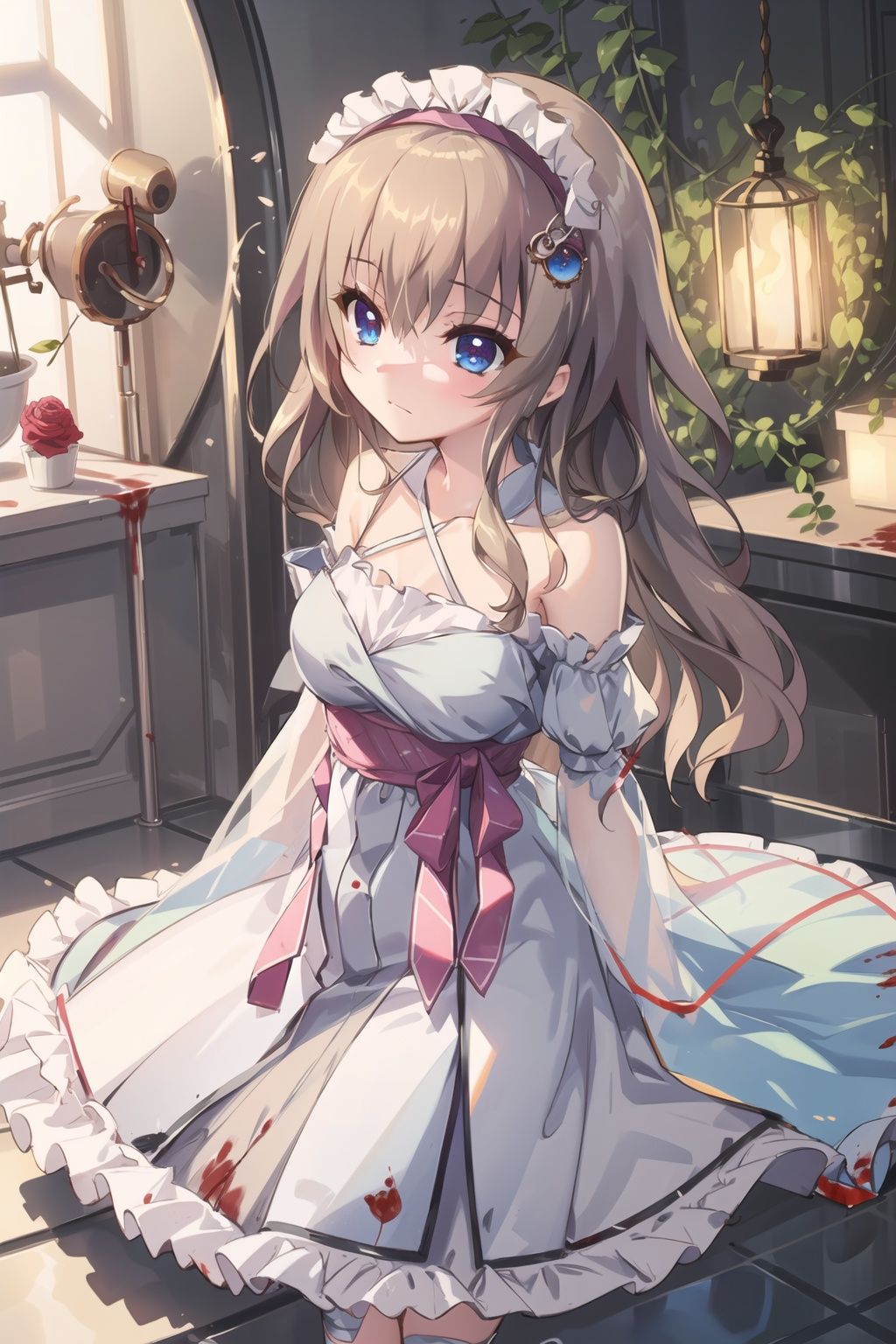 masterpiece, best quality, (((masterpiece))), (((best quality))), ((ultra-detailed)), (illustration), ((an extremely delicate and beautiful)), beautiful detailed eyes,(detailed light),(beautiful deatailed shadow), 1girl, (loli), (small_breasts), floating_hair, sad, lolita, bare shoulders, white_dress, ((rose)),(vines), (blood), cage, bandage, red rope, ((sketch)),(painting)