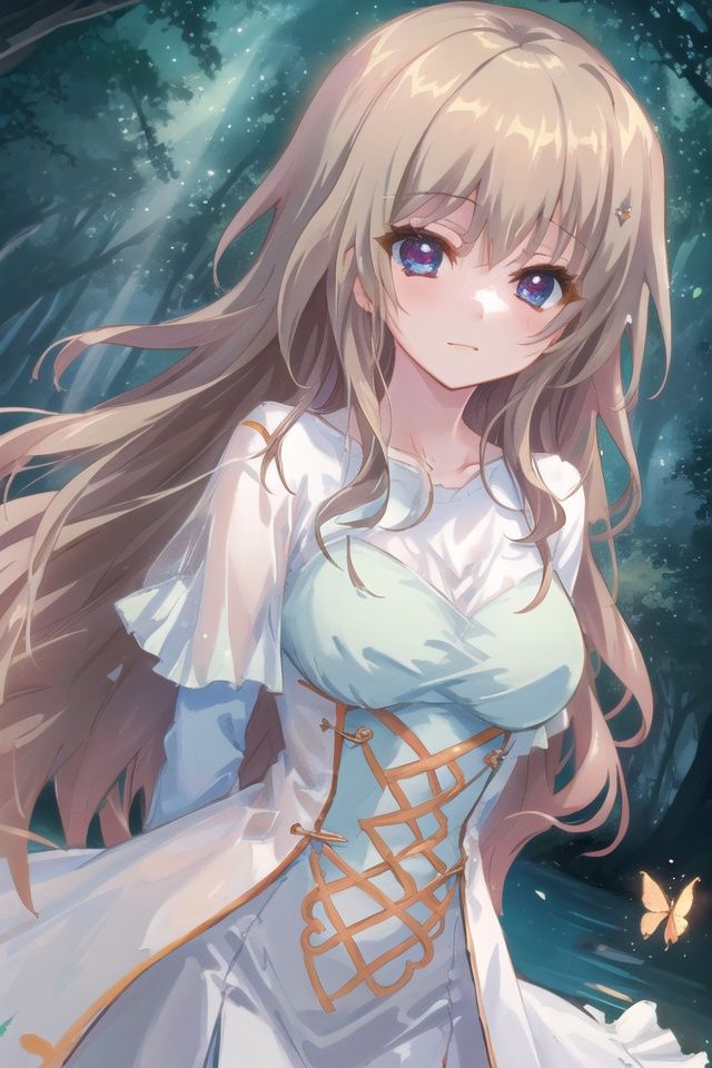 1girl,alone,single,solo,only one,one character,(((Personage as the main perspective))),(((character in the middle))),((masterpiece)),((best quality)),(ultra-detailed),(illustration),clear-cut margin,alphonse mucha, extremely detailed CG unity 8k wallpaper,((an extremely delicate and beautiful)),(dynamic angle),An enchanted forest at night illuminated by glowing mushrooms, ((Tyndall effect)),(Fluorescent mushroom forests background), 1girl,(arms behind back),(beautiful detailed eyes),cute red eyes,golden pupil,detailed face,upper body,white dress,messy floating brown hair,disheveled hair,focus,(beautiful water),river,flying butterfly,sunlight,shine,chiaroscuro, ray_tracing,(painting),[[[[[[8 k artistic photography]]]]]]