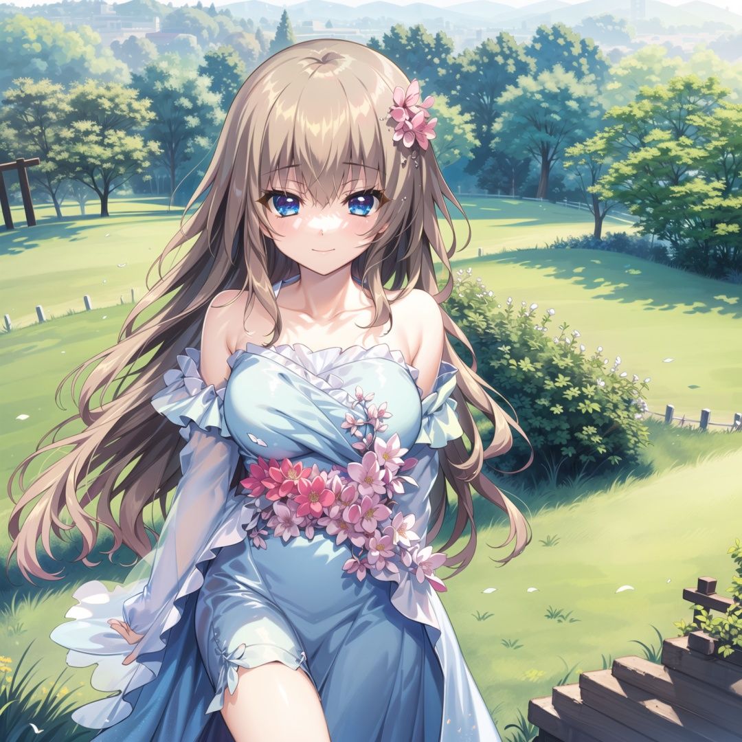 flower,living on grassland,park,grassland,in a meadow,1girl,solo,cowboy shot,kujo_miyako,blue_eyes,beautiful_detailed_eyes,brown_hair,long_hair
