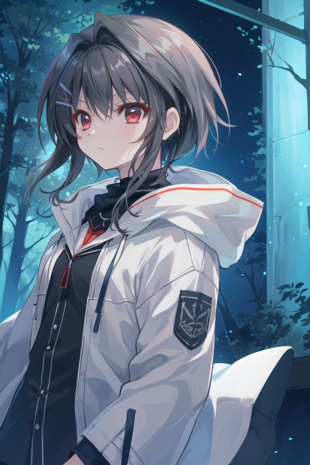 (best quality), (masterpiece), (extremely), illustration, extremely detailed CG unity,black_hair, red eyes,  masterpiece, white long light jacket, open jacket, night forest, night, night sky