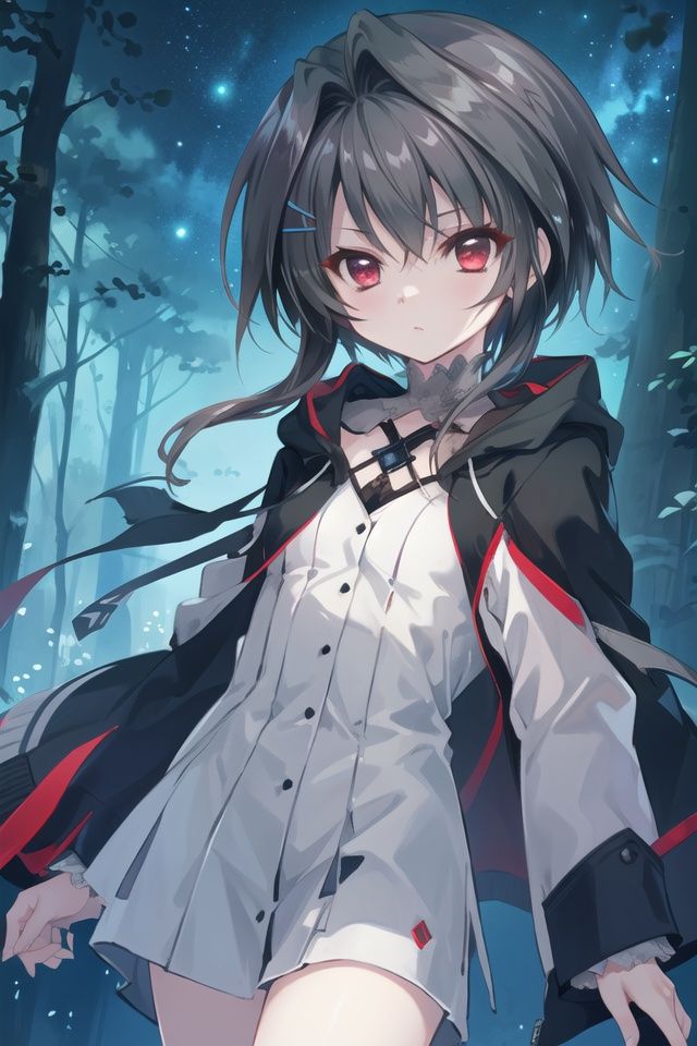(best quality), (masterpiece), (extremely), illustration, extremely detailed CG unity,black_hair, red eyes,  masterpiece, white long light jacket, open jacket, night forest, night, night sky