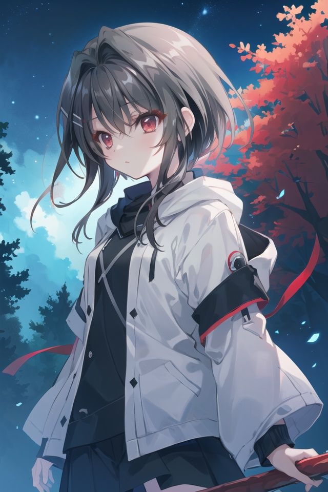 (best quality), (masterpiece), (extremely), illustration, extremely detailed CG unity,black_hair, red eyes,  masterpiece, white long light jacket, open jacket, night forest, night, night sky