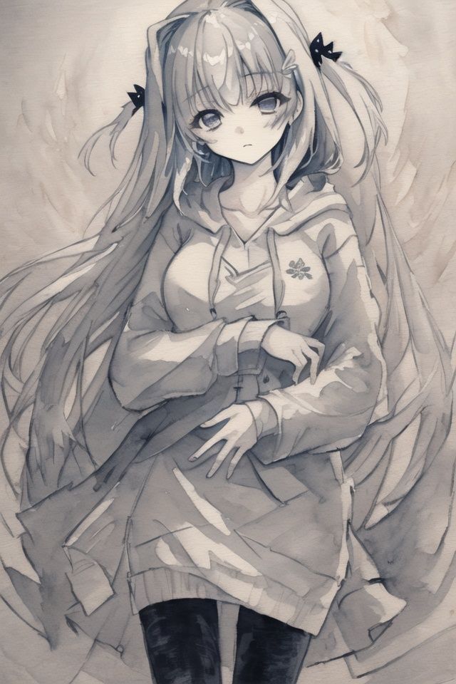 kosaka_haruka, an extremely delicate and beautiful girl,(((masterpiece))),best quality, illustration, white atmosphere,(((1girl))), expressionless,wide view, cold attitude,long hair,she looks very relaxed, (((ink wash painting))),hair ornament hair clip,hoodie