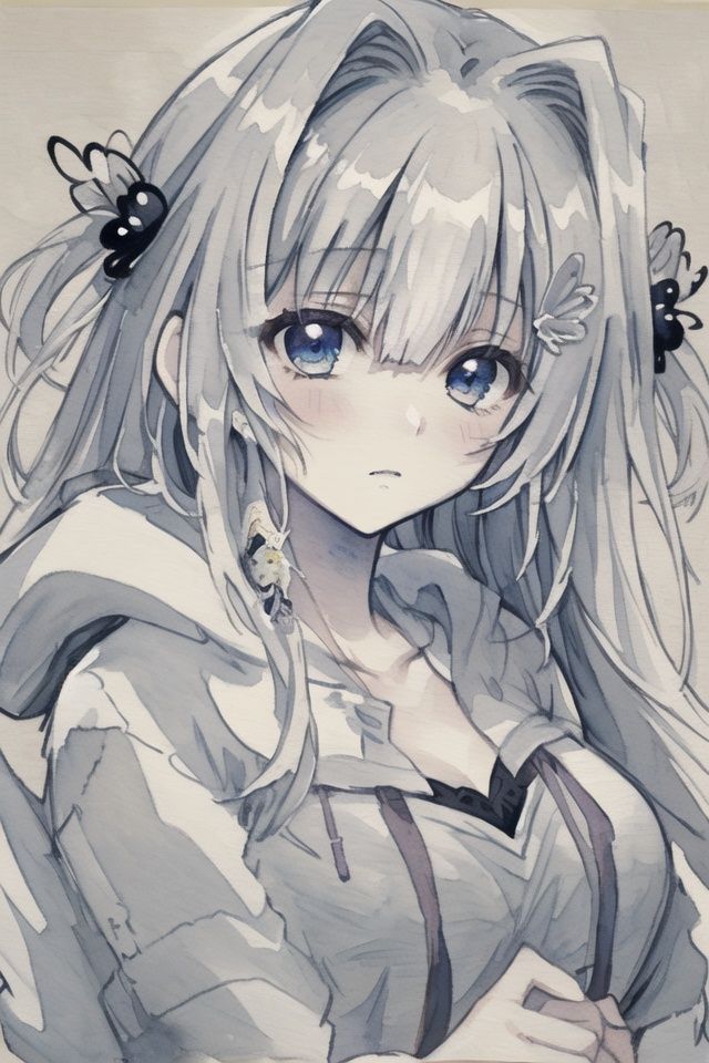 kosaka_haruka, an extremely delicate and beautiful girl,(((masterpiece))),best quality, illustration, white atmosphere,(((1girl))), expressionless,wide view, cold attitude,long hair,she looks very relaxed, (((ink wash painting))),hair ornament hair clip,hoodie