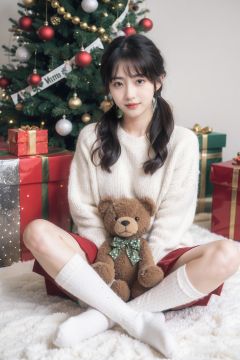 1girl,moyou,masterpiece, best quality,1girl,winterstyle, christmasstyle, 1girl, solo, christmas tree, black hair, realistic, smile, twintails, christmas, stuffed toy, sitting, gift, stuffed animal, teddy bear, socks, christmas ornaments, looking at viewer