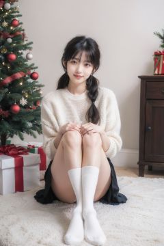 1girl,moyou,masterpiece,best quality,1girl,winterstyle,christmasstyle,1girl,solo,christmas tree,black hair,realistic,smile,twintails,christmas,stuffed toy,sitting,gift,stuffed animal,teddy bear,socks,christmas ornaments,looking at viewer,
