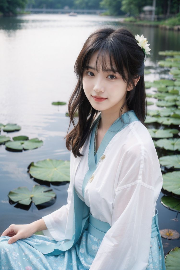 1girl,moyou,masterpiece,best quality,summerstyle,lotusstyle,1girl,black hair,solo,realistic,smile,hair ornament,flower,teeth,grin,lotus,lily pad,hanfu,
