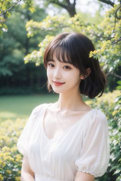1girl,moyou,stars in the eyes,pure girl,(full body:0.5),There are many scattered luminous petals,hidding in the light yellow flowers,Depth of field,Many scattered leaves,branch,angle,contour deepening,cinematic angle, white dress, smiling,