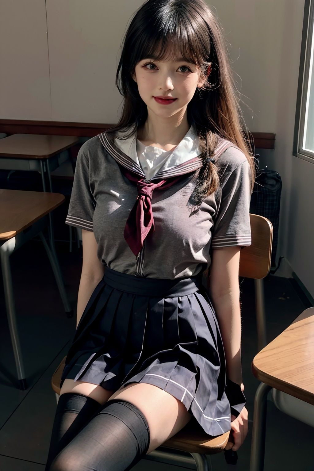 (masterpiece),(best quality), (ultra-detailed),HDR,UHD,8K,realistic,RAW photo, top-notch quality, masterpiece, HDR:1.2, exceptionally detailed RAW color photo, professional-grade photograph, (realistic, photorealistic:1.37), (highly detailed skin:1.2), ultra-high resolution,exquisitely detailed eyes,1girl,long hair,black hair,light smile,school uniform,plaid skirt,black thighhighs,legs,loafers,sitting,chair,classroom,day,looking_at_viewer,<lora:gxwh:0.5>, <lora:add_detail:0.8>, <lora:jyy:0.7>
