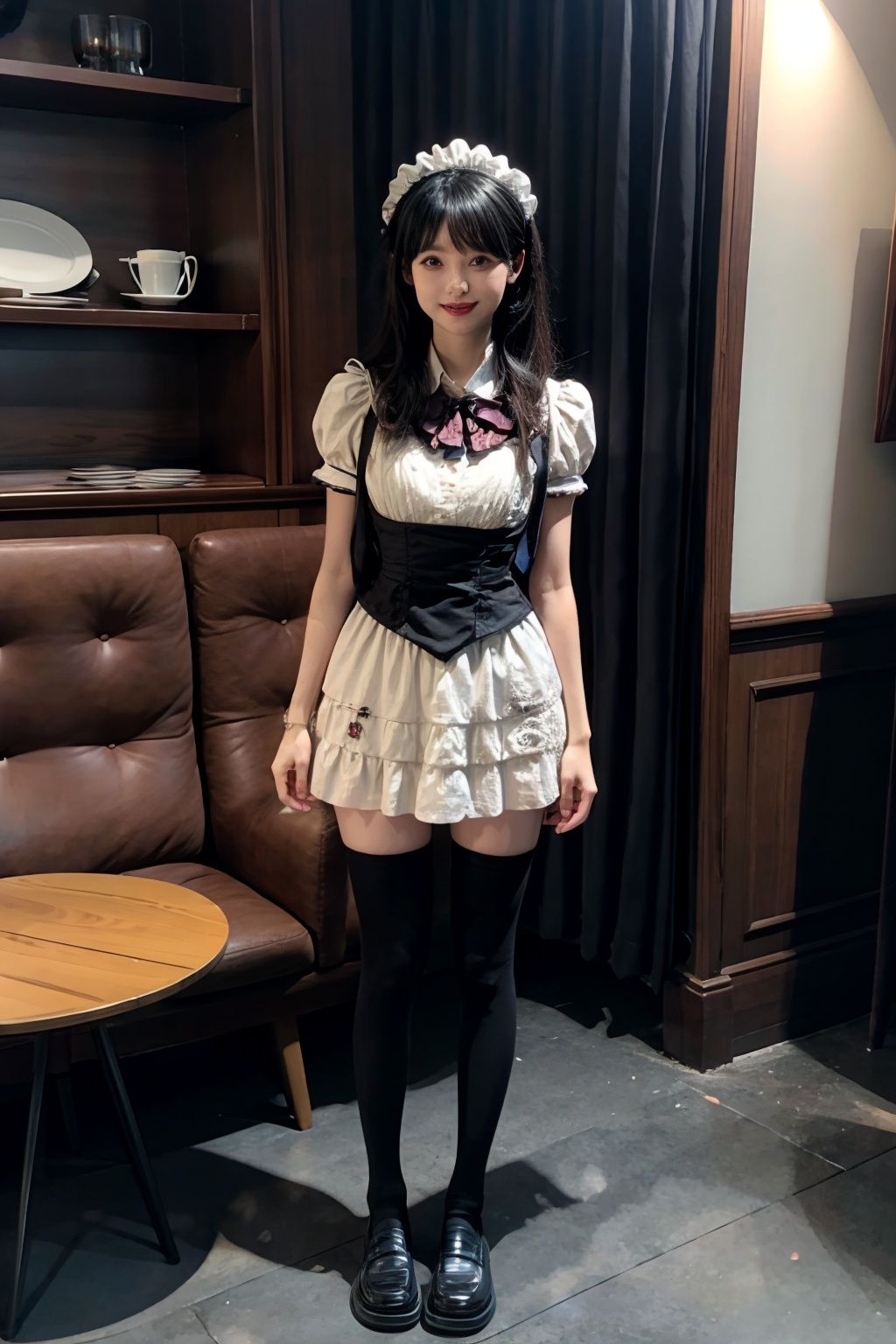 (masterpiece),(best quality), (ultra-detailed),HDR,UHD,8K,realistic,RAW photo, top-notch quality, masterpiece, HDR:1.2, exceptionally detailed RAW color photo, professional-grade photograph, (realistic, photorealistic:1.37), (highly detailed skin:1.2), ultra-high resolution,exquisitely detailed eyes,1girl,long hair,black hair,light smile,maid custume,black thighhighs,loafers,standing,cafe,day,looking_at_viewer,<lora:gxwh:0.5>, <lora:add_detail:0.8>, <lora:jyy:0.7>