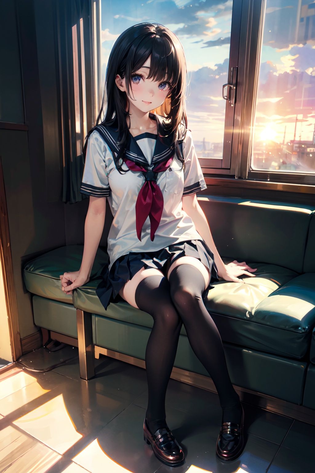 (masterpiece),(best quality), (ultra-detailed),HDR,UHD,8K,realistic,reality_ray_tracing,sunlight,RAW photo, top-notch quality,HDR:1.2, exceptionally detailed RAW color photo, professional-grade photograph, (realistic, photorealistic:1.37), (highly detailed skin:1.2), ultra-high resolution,exquisitely detailed eyes,1girl,long hair,black hair,light smile,serafuku,black thighhighs,mary janes,sitting,park,sun,looking_at_viewer,<lora:gxwh:0.5>, <lora:add_detail:0.8>,