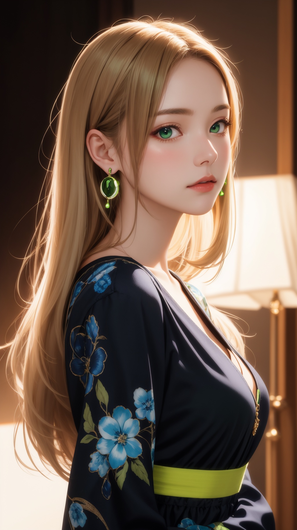 A beautiful girl with off-white long hair,  white luminous eyes,  green luminous earrings on Tensor.Art