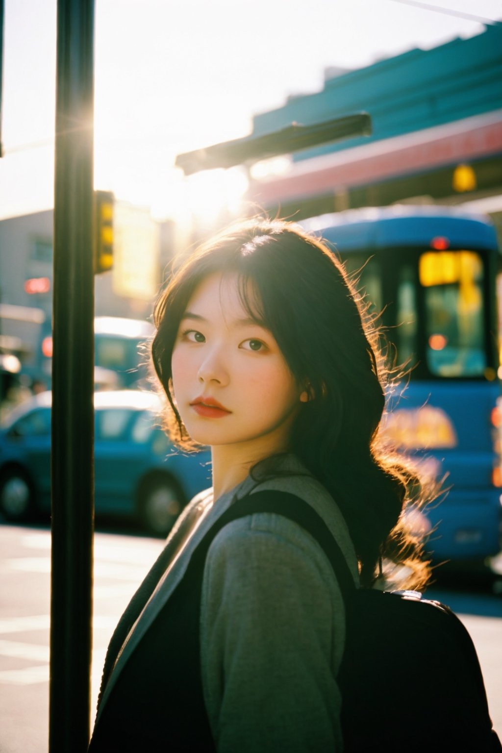photo of a beautiful young woman waiting for the bus in downtown Seattle,  hyper-realistic,  soft focus on Tensor.Art