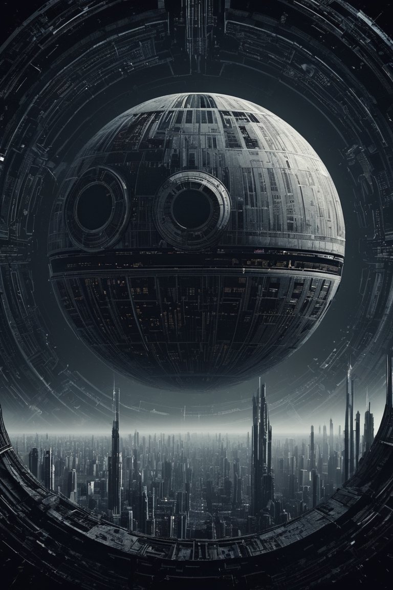 biomechanical cyberpunk star wars movie poster in the style of a minimalist,  Death Star as a sun in the back ground . cyb...