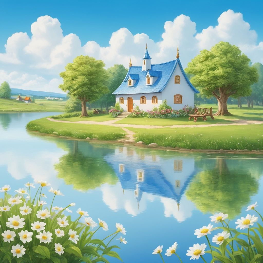 masterpiece, Village, Light blue sky, Clouds, Comfortable, Noon, There is plenty of sunshine, Pond, Grassland, White flower, Fairy tale world, Summer, Fairy Tales, Puppy, Sense of reality 