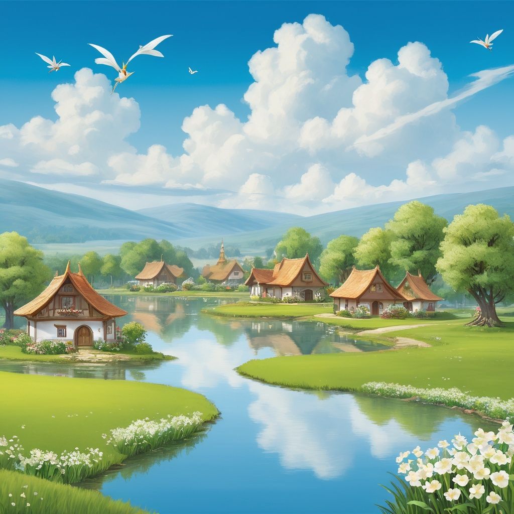 masterpiece, Pond, Village, During the day, Clouds, Grassland, White flower, An outing, Fairy tale world, Flying elves 