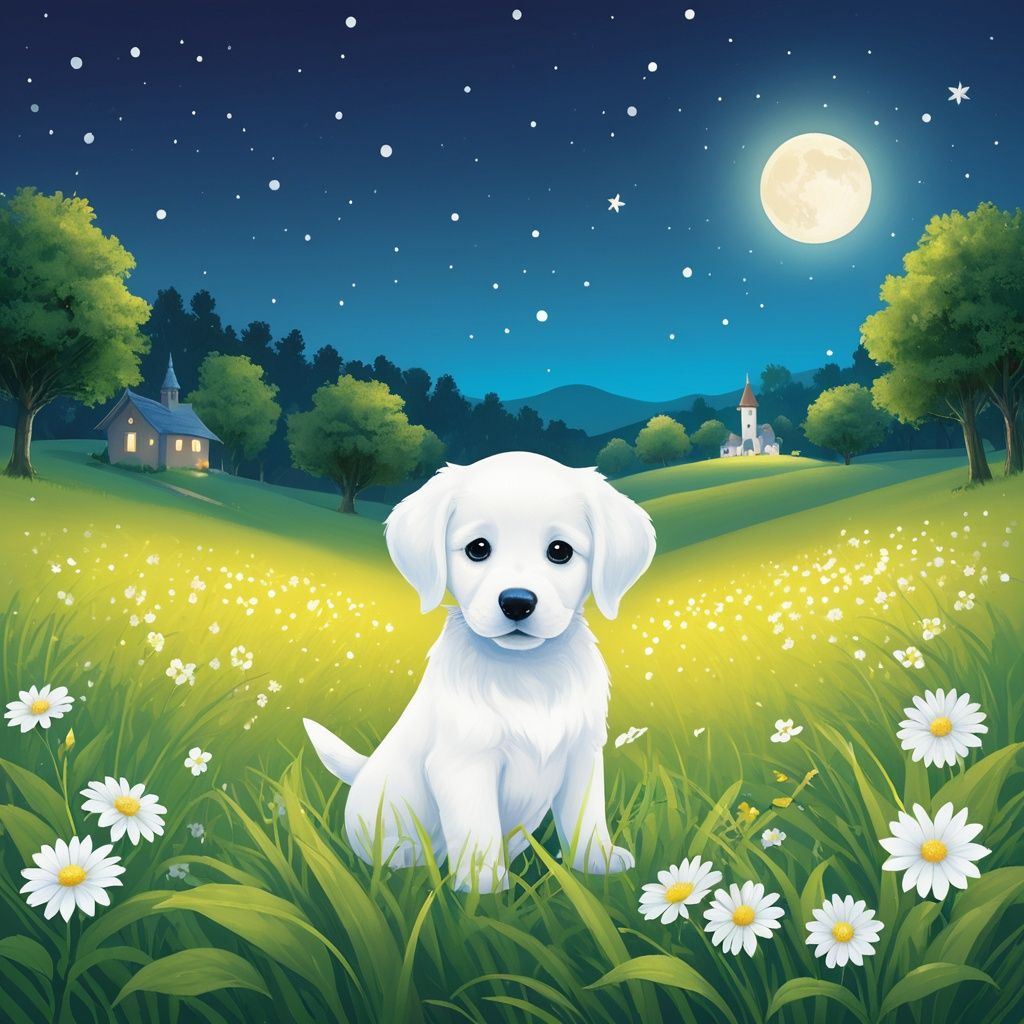 masterpiece, Village, Grassland, White flower, Fairy tale world, Fairy Tales, Puppy, Sense of reality, night, Firefly 