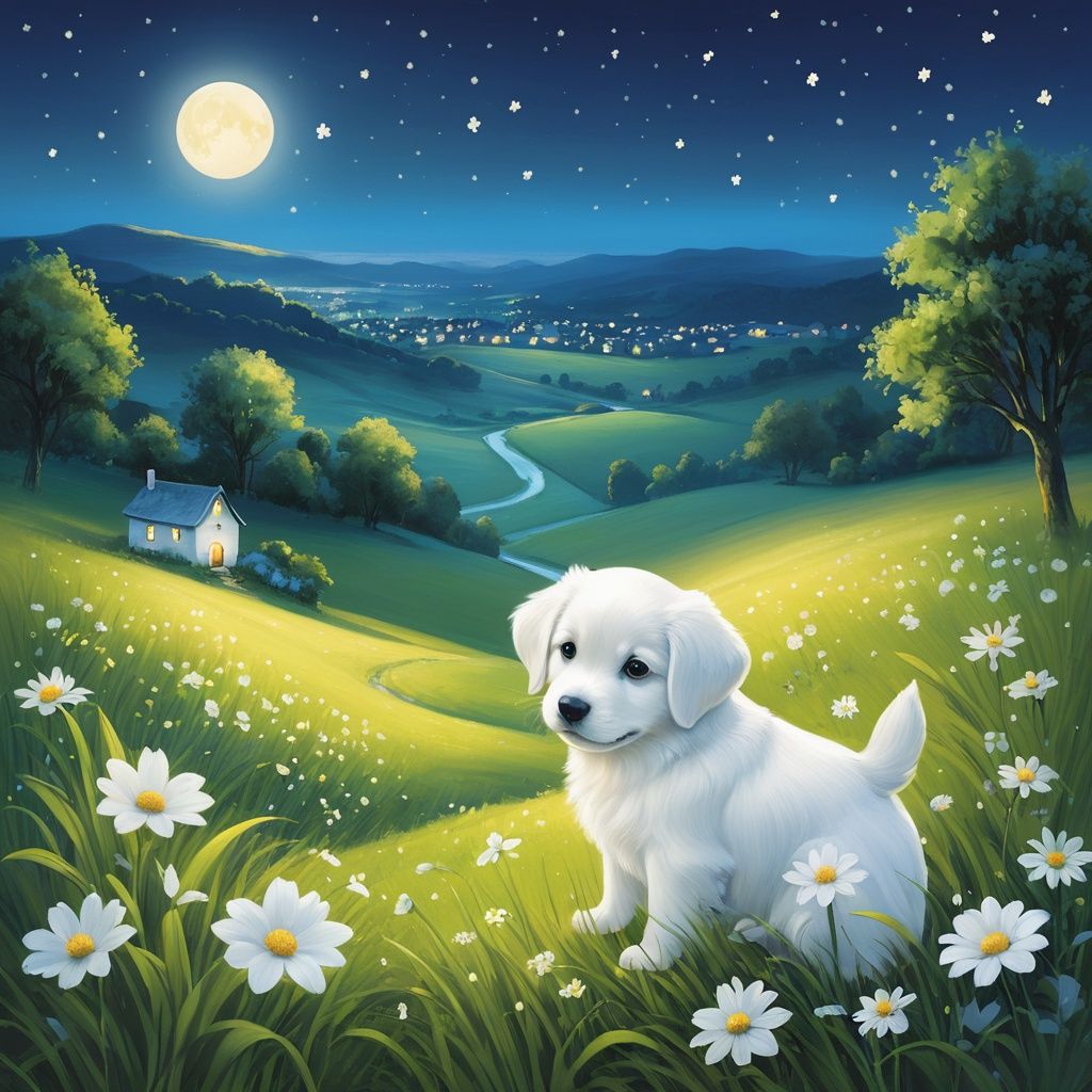masterpiece, Village, Grassland, White flower, Fairy tale world, Fairy Tales, Puppy, Sense of reality, night, Firefly 