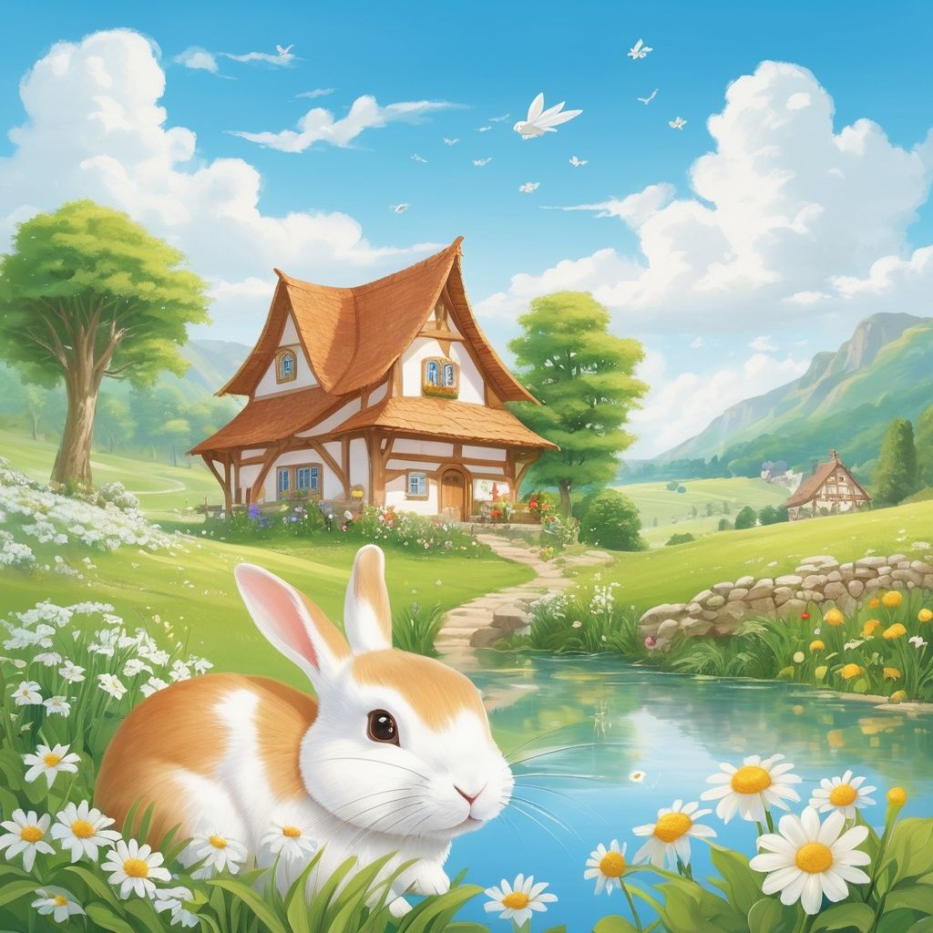 masterpiece, Village, Light blue sky, Clouds, Comfortable, Noon, There is plenty of sunshine, Pond, Grassland, White flower, Fairy tale world, Summer, Fairy Tales, Little bunny and mother rabbit, Sense of reality 