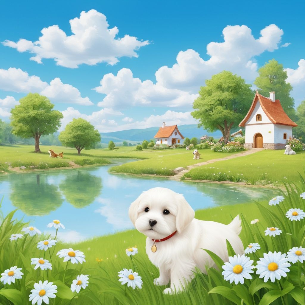 masterpiece, Village, Light blue sky, Clouds, Comfortable, Noon, There is plenty of sunshine, Pond, Grassland, White flower, Fairy tale world, Summer, Fairy Tales, Puppy, Sense of reality 
