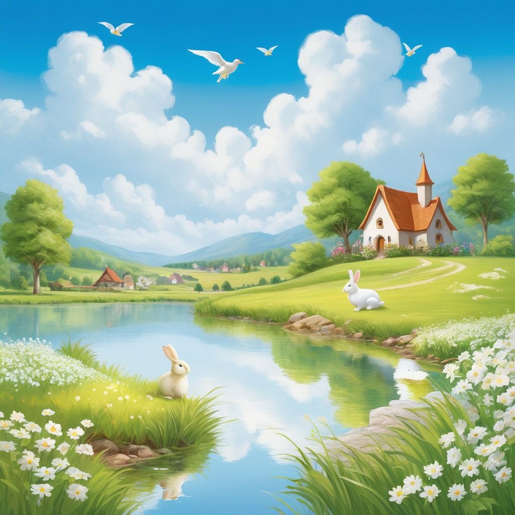 masterpiece, Village, Light blue sky, Clouds, Comfortable, Noon, There is plenty of sunshine, Pond, Grassland, White flower, Fairy tale world, Summer, Fairy Tales, Wild goose, Bunny, Sense of reality 