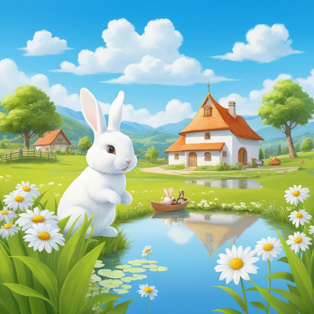 masterpiece, Village, Light blue sky, Clouds, Comfortable, Noon, There is plenty of sunshine, Pond, Grassland, White flower, Fairy tale world, Summer, Fairy Tales, Little bunny and mother rabbit, Sense of reality 