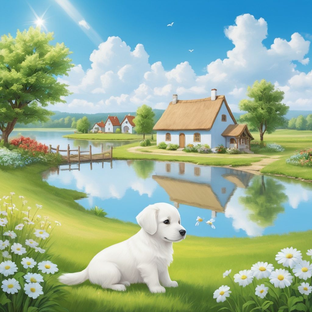 masterpiece, Village, Light blue sky, Clouds, Comfortable, Noon, There is plenty of sunshine, Pond, Grassland, White flower, Fairy tale world, Summer, Fairy Tales, Puppy, Sense of reality 