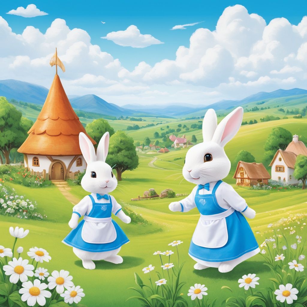 masterpiece, Little bunny and mother rabbit, Apron, Village, During the day, Clouds, Grassland, White flower, An outing, Fairy tale world, Flying elves 