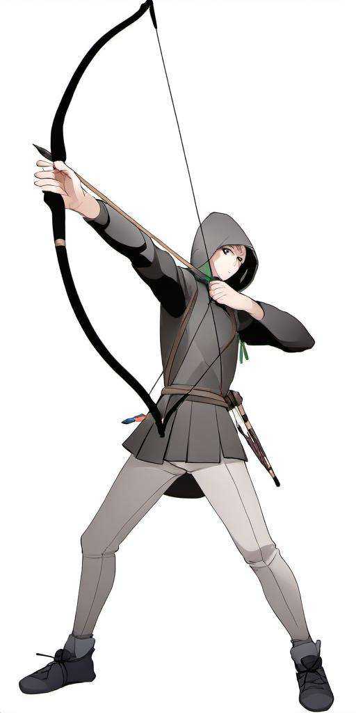 Bow, recurve bow, solo, short hair, simple background, black hair, long sleeves, 1boy, white background, holding, full body, weapon, male focus, shoes, pants, hood, holding weapon, hoodie, black pants, white footwear, sneakers, bow \(weapon\), arrow \(projectile\), holding bow \(weapon\), aiming, holding arrow, drawing bow in the style of  <lora:bow01_xl:1>