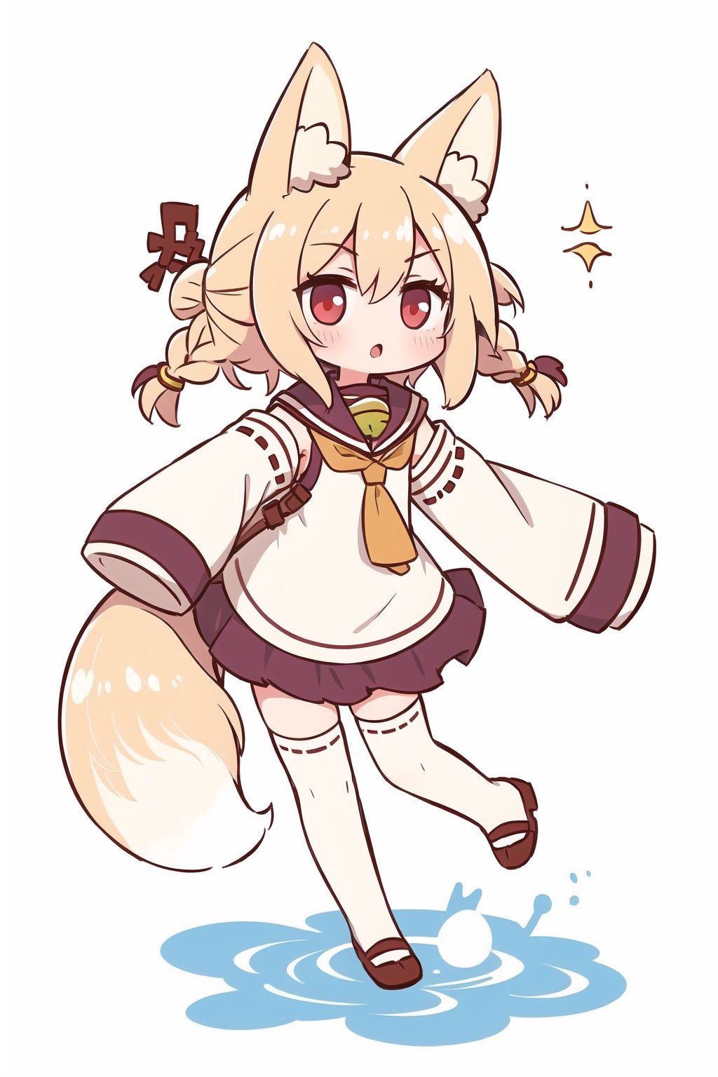 [(white background:1.5)::5],masterpiece, best quality, ultra-detailed, illustration, disheveled hair, frills,chibi,sleeves over wrists,detached sleeves, animal ear fluff, long sleeves, jingle bell, :o, 
1 girl, full body, （sleeves past fingers：1.2）,kemomimi,serafuku,blonde_hair,red eyes,fox_ears,fox girl,fox tail,low twin braids,white thighhighs,hidden hands,dynamic angle, big top sleeves, floating,1girl