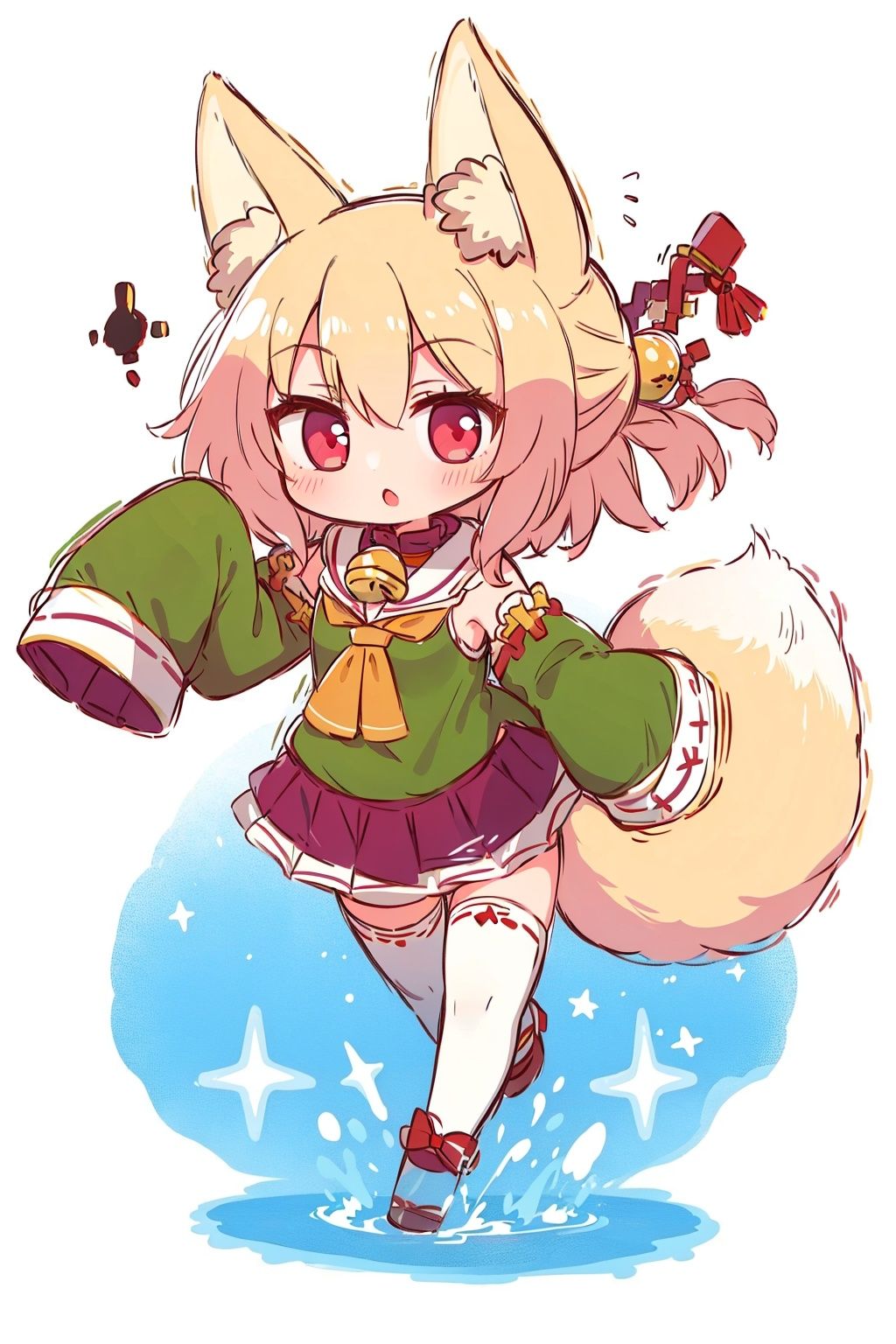 [(white background:1.5)::5],masterpiece, best quality, ultra-detailed, illustration, disheveled hair, frills,chibi,sleeves over wrists,detached sleeves, animal ear fluff, long sleeves, jingle bell, :o, 
1 girl, full body, （sleeves past fingers：1.2）,kemomimi,serafuku,blonde_hair,red eyes,fox_ears,fox girl,fox tail,low twin braids,white thighhighs,hidden hands,dynamic angle, big top sleeves, floating,1girl