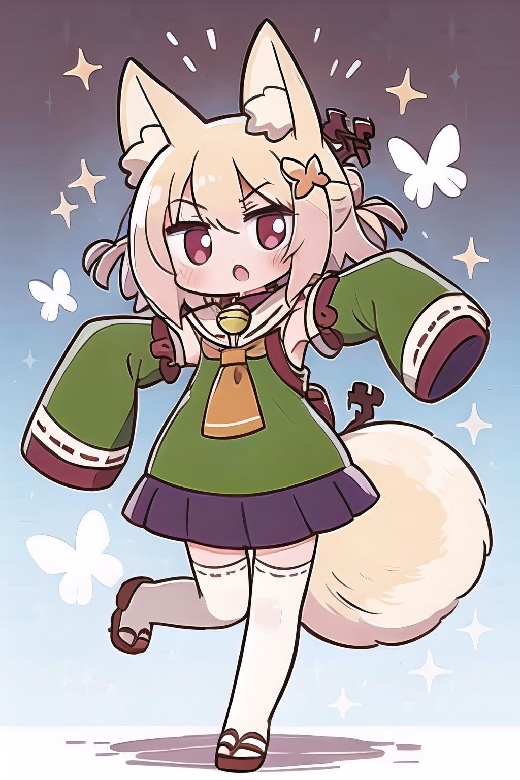 1girl, blonde_hair, fox ears, fox tail, green serafuku,loli,little girl,（chibi）,(miko thighhighs),red pleated skirt,see-through, see-through silhouette,younger,petite body, baby face, round face, large face,   geta,red eyes,

(flat color),colorful,(masterpiece:1,2), best quality, highres, original, extremely detailed wallpaper, looking at viewer,/,/,/

dynamic angle, big top sleeves, sleeves over wrists,detached sleeves, animal ear fluff, long sleeves, jingle bell, :o,hidden hands,（sleeves past fingers：1.2）,kemomimi,(leaf hair ornament), hair flower, butterfly, forest,petety