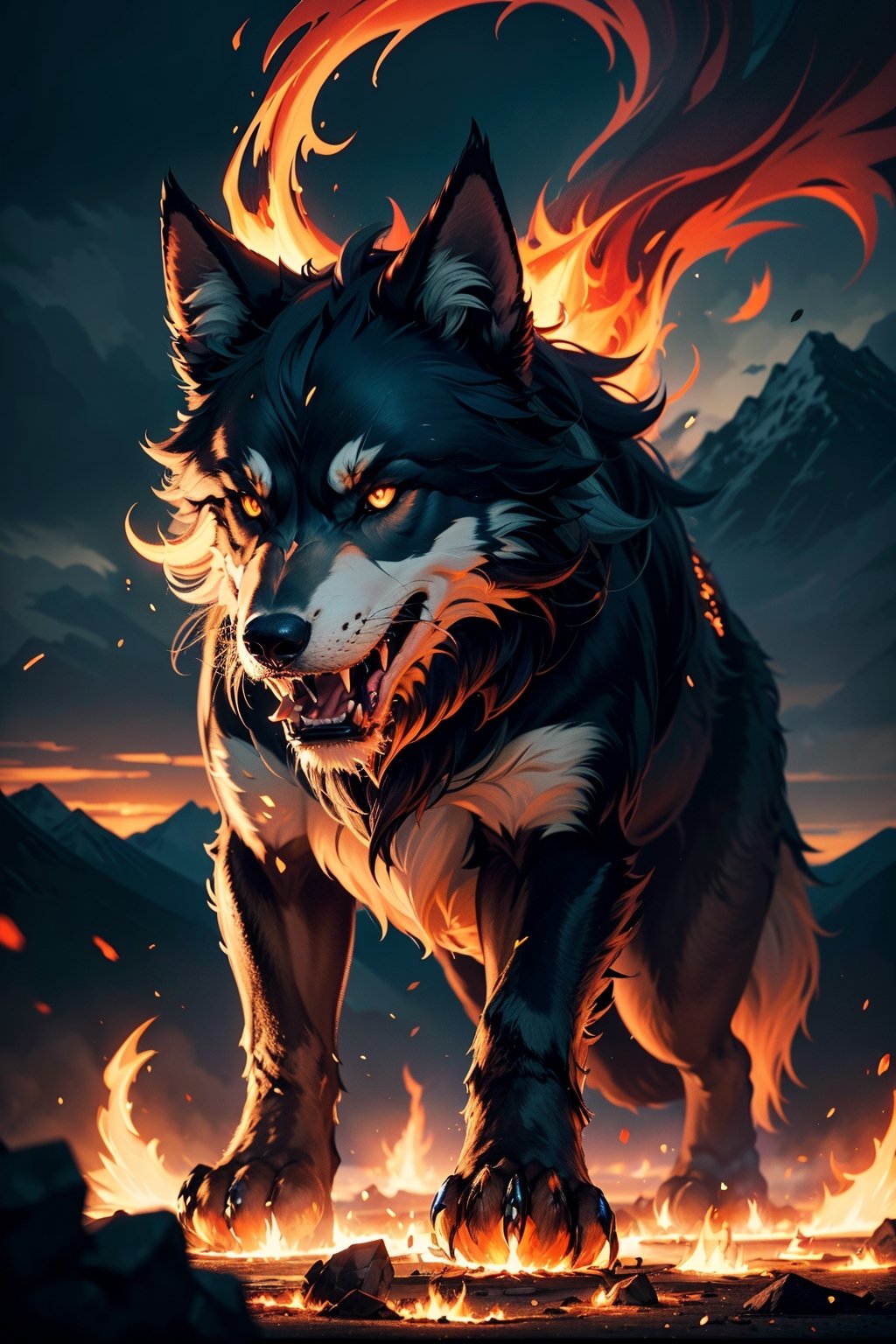 giant wolf Fenrir,  fire,  mountains on Tensor.Art
