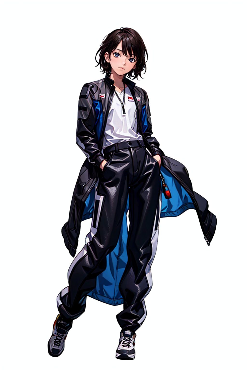 (masterpiece:1.3), (the best quality:1.2), (super fine illustrations:1.2), (Masterpiece), high quality, high detail,((white background:1.2)), looking at viewer, (SOLO:1.4),outline,,simple background,uniform, pants, jacket,